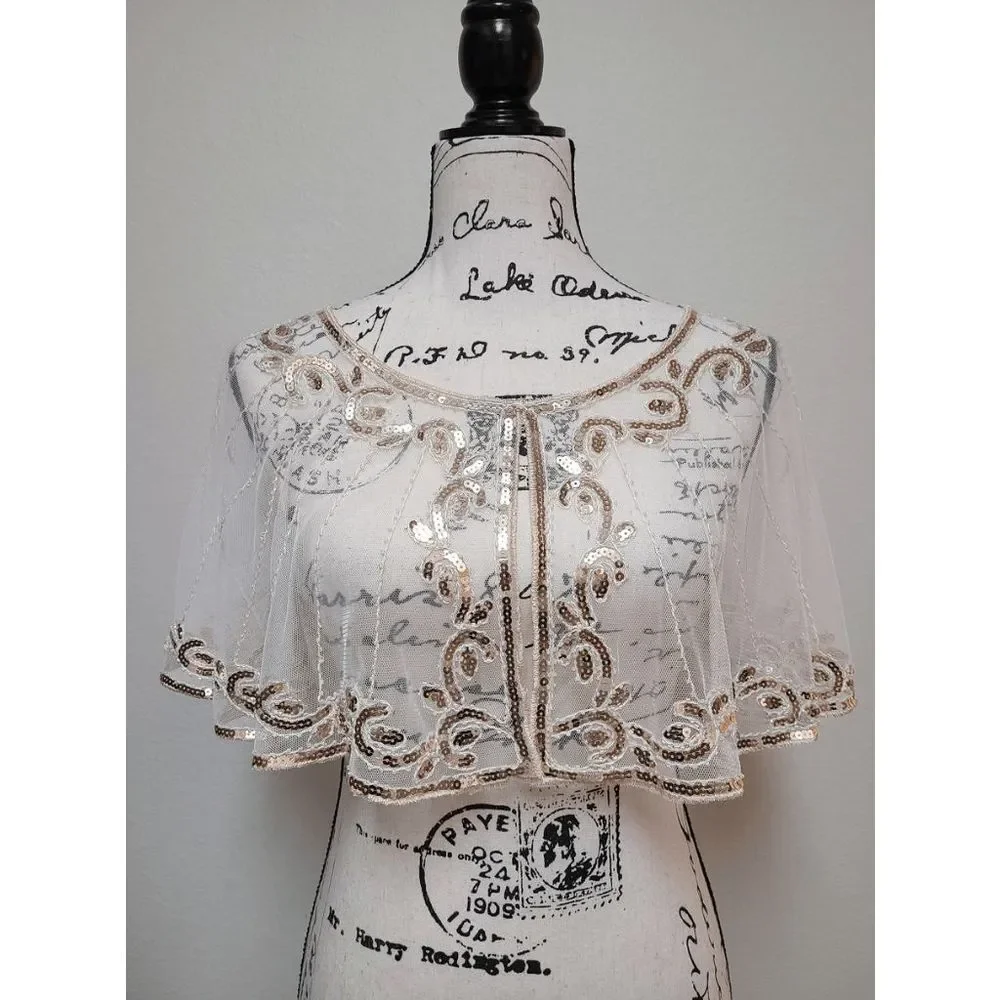 ✨ Sequin Mesh Evening Party Retro Flapper 1920s Shawl Wrap Cover Up Cape NEW